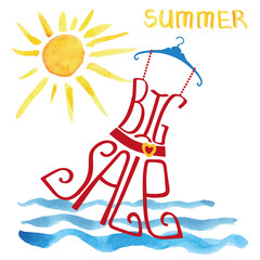 Summer big Sale lettering.Red Dres,watercolor sun,wave 