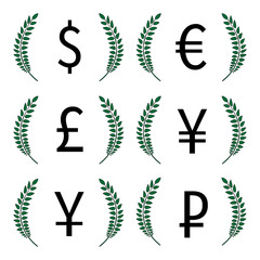 Currencies Laurels Dollar Euro Pound Yen Yuan Ruble 1