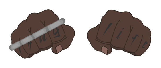 Clenched black man fists with tattoo and brass-knuckle