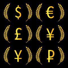 Currencies Laurels Dollar Euro Pound Yen Yuan Ruble 2
