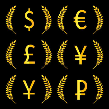 Currencies Laurels Dollar Euro Pound Yen Yuan Ruble 2