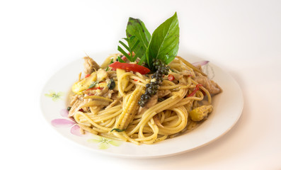 spicy stir fried Spaghetti or thai Pad Kee Mao with chicken isol