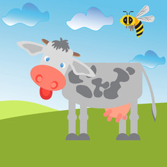Cow and bee in a field.