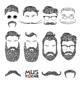 Mustache Beard and Hair Style Set. Hipster