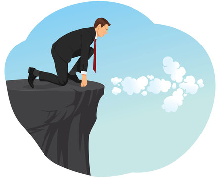 Crouch start of a businessman on the edge of a cliff. A cloud arrow is in the sky.