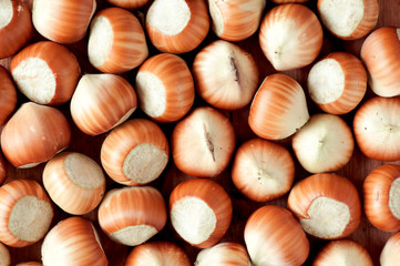Shelled hazelnuts top view. 