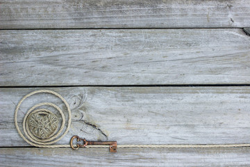 Blank rustic sign with skeleton key, heart and rope border