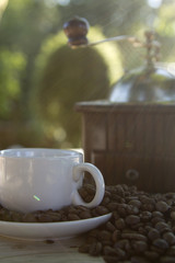 coffee grinder with coffee and coffee beans