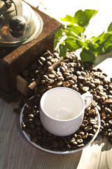 coffee grinder with coffee and coffee beans