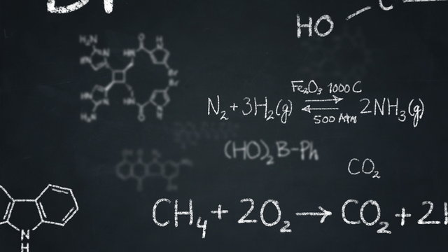 Chemistry formulas and structures floating on a chalkboard