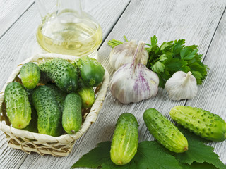 fresh cucumbers on a wooden table