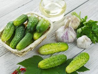 fresh cucumbers on a wooden table