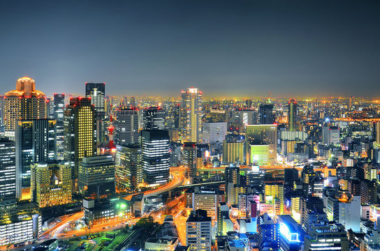 Panoramic view Osaka at night, Japan