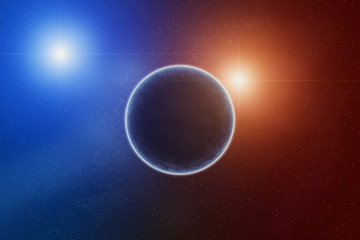 Planet with Double Star and Nebula on Background - obrazy, fototapety, plakaty