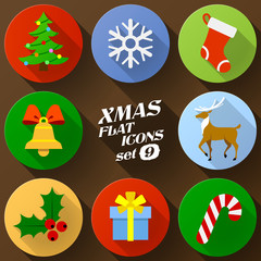 Color flat icon set of christmas elements. New Year symbols