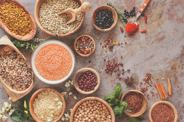 Assortment of legumes, grain and seeds, top view