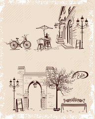 Series of backgrounds decorated with old town views and street cafes.