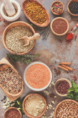 Assortment of legumes, grain and seeds, top view