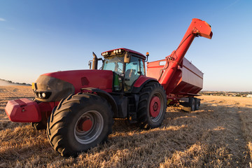 Agriculture tractor and trailer on stubble field