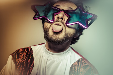 Tongue, Man with glasses and stupid face huge stars, selfie
