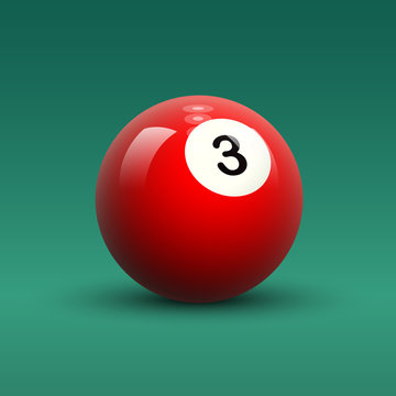Solid red color vector billiard ball number 3 on green table