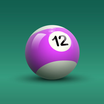 Striped violet and white color vector billiard ball number 12 on green table