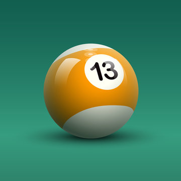 Striped orange and white color vector billiard ball number 13 on green table