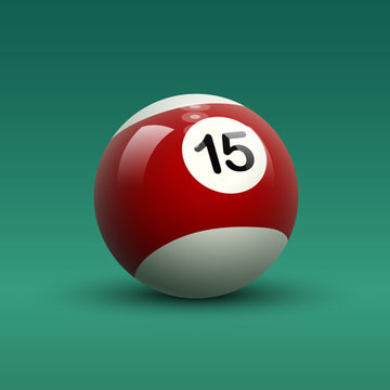 Striped dark red and white color vector billiard ball number 15 on green table