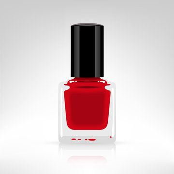 Nail Polish Bottle Vector Illustration Isolated On White. Red Color Paint.