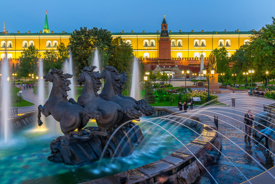 Night view of Alexandrovsky Garden near Moscow Kremlin in Moscow. Russia