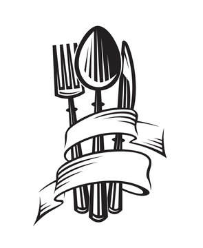 monochrome illustrations of spoon, fork and knife