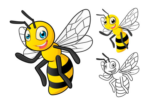 High Quality Detailed Honey Bee Cartoon Character with Flat Design and Line Art Black and White Version Vector Illustration