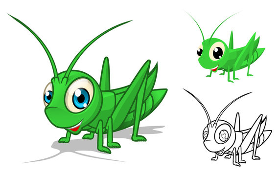 High Quality Detailed Grasshopper Cartoon Character with Flat Design and Line Art Black and White Version Vector Illustration