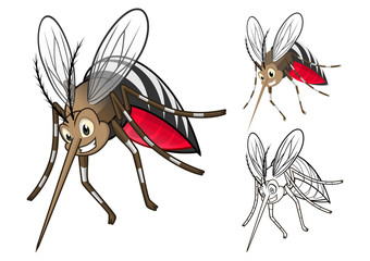 High Quality Detailed Mosquitoes Cartoon Character with Flat Design and Line Art Black and White Version Vector Illustration