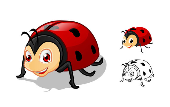 High Quality Detailed Ladybug Cartoon Character with Flat Design and Line Art Black and White Version Vector Illustration
