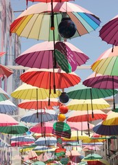 Fototapeta na wymiar Artistic umbrellas along the streets of fethiye in turkey 