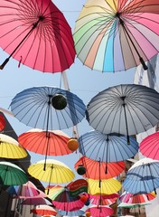 Artistic umbrellas along the streets of fethiye in turkey 
