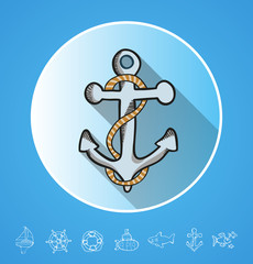 painted hands flat set of nautical icons. funny cartoon doodles