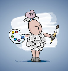 Children colored cartoon illustration, curly lamb with blue eyes