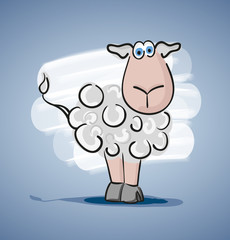 Children colored cartoon illustration, curly lamb with blue eyes