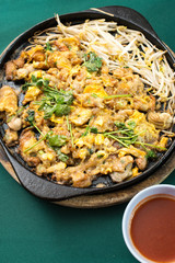 Thai food, fried mussel pancake in hot pan