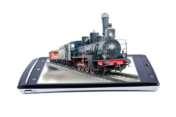 Obraz premium locomotive on display smartphone. Collage