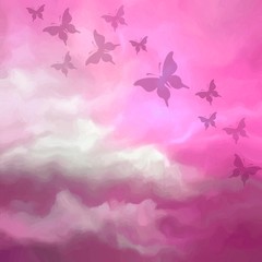 Fototapeta na wymiar Beautiful pink sky drawing with butterflies