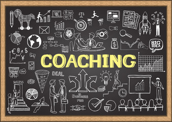Hand drawn coaching on chalkboard. Business doodles