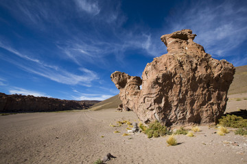 Fototapeta na wymiar Rock formation with shape of a camel with blue sky, Bolivia