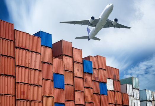Fototapeta industrial port with containers and air