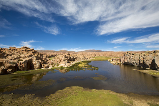 Paradise landscape, lake and strange rock formations, Bolivia