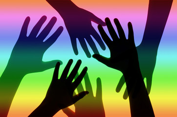 Silhouette of Hands on Rainbow Background.