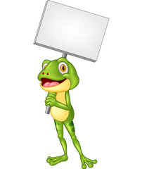 Obraz premium Cartoon adorable frog holding blank sign 