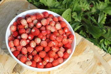 Ripe red wild strawberry in a plate on a wooden table outdoors